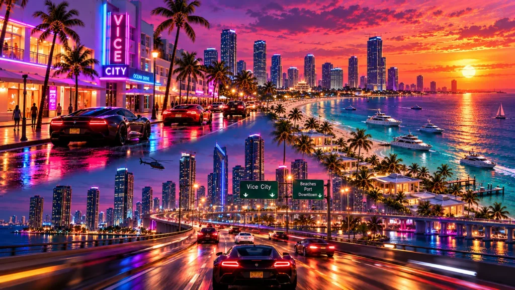 GTA 6 launch trailer breakdown showing Vice City atmosphere, Leonida scenery, Jason and Lucia, and cinematic environments.
