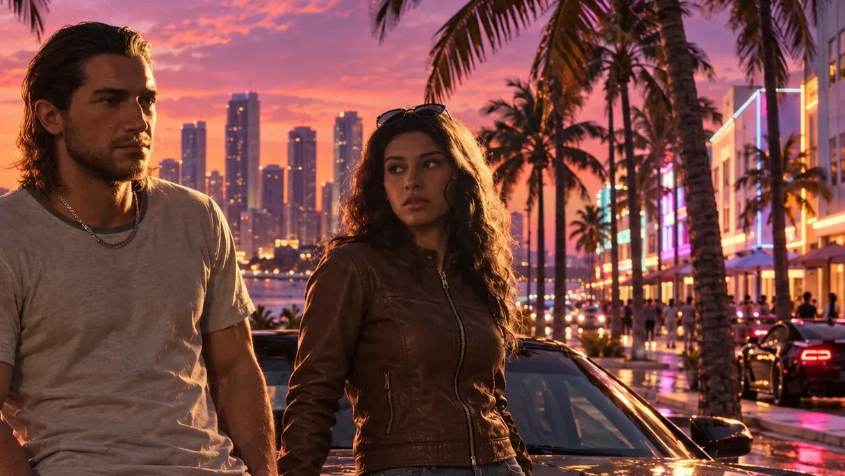 GTA 6 launch trailer released by Rockstar Games on October 15 2026 featuring Jason Duval and Lucia Caminos in Leonida.