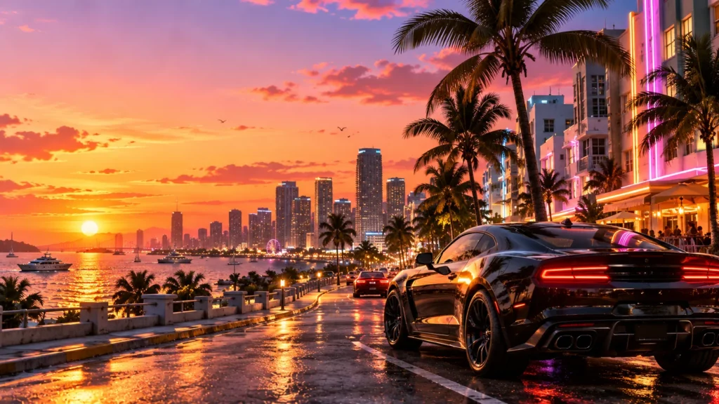 GTA 6 Vice City skyline and neon-lit streets shown in Rockstar Games promotional material ahead of the November 2026 launch.