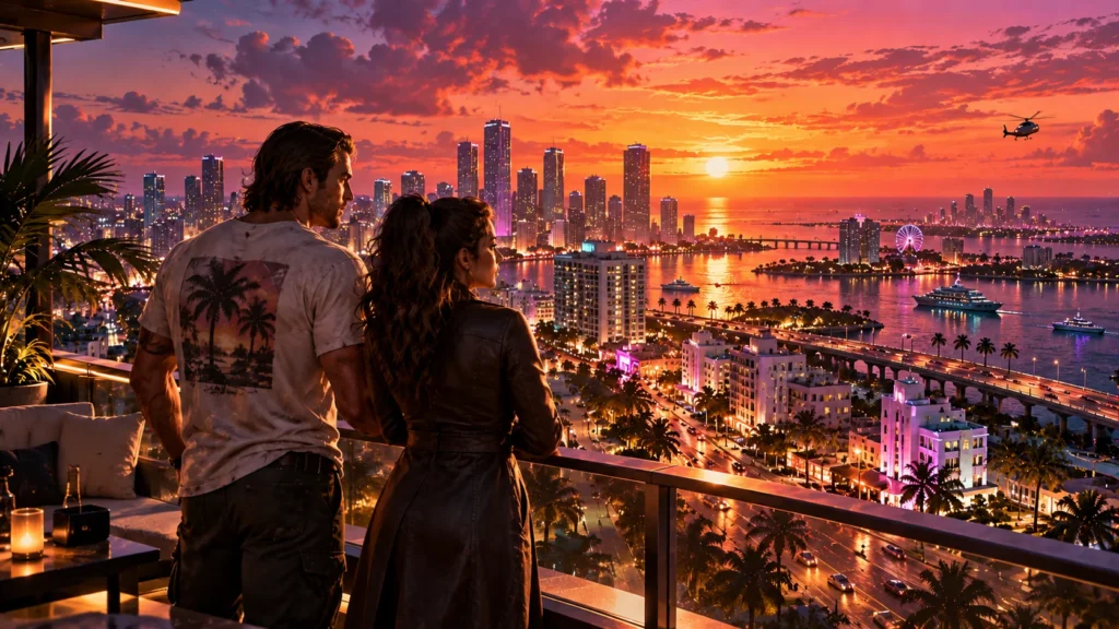 GTA 6 Jason and Lucia with Vice City skyline at sunset ahead of the November 19 2026 launch.
